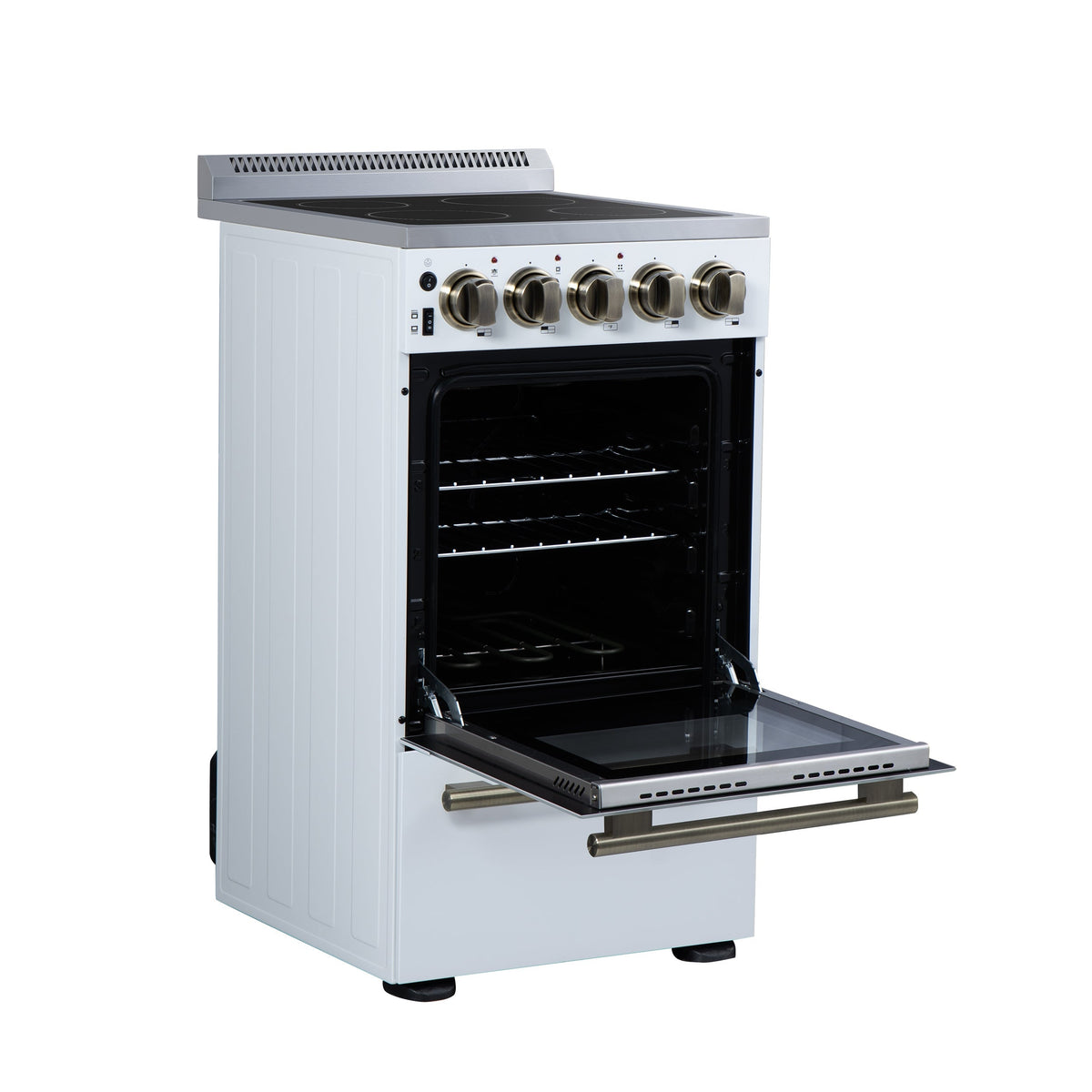 Forno Pallerno 20-Inch Freestanding Electric Range, 2.05 cu ft, 4 Radiant Elements, Storage Drawer, White with Antique Brass Accents (Model FFSEL6052-20WHT)
