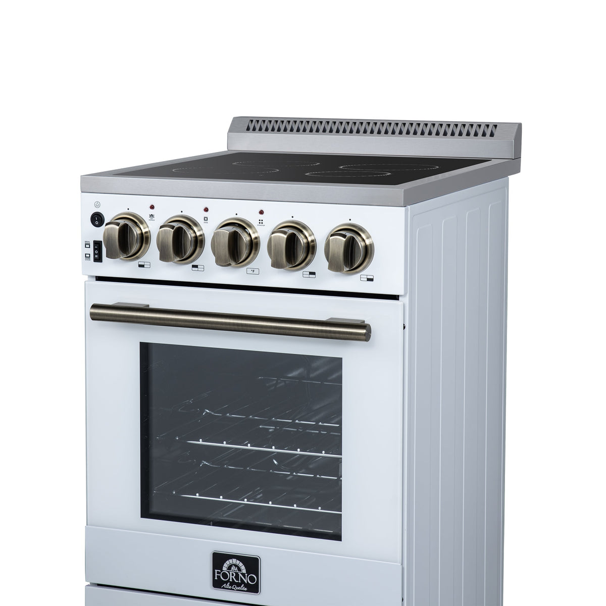 Forno Pallerno 20-Inch Freestanding Electric Range, 2.05 cu ft, 4 Radiant Elements, Storage Drawer, White with Antique Brass Accents (Model FFSEL6052-20WHT)