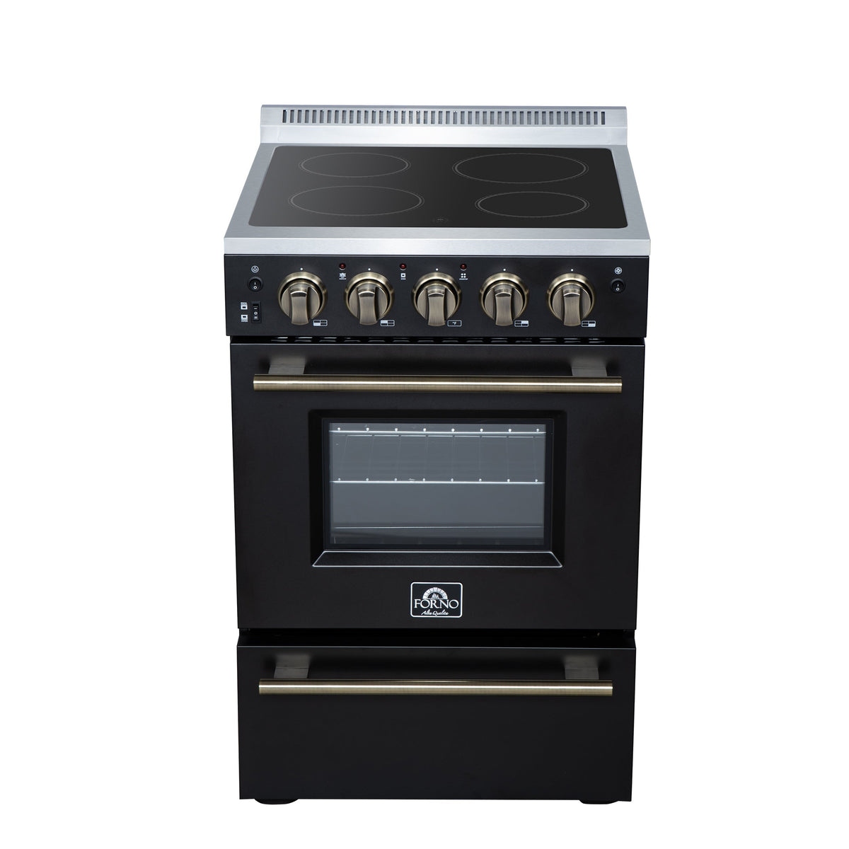 Forno Loiano 24 in. Freestanding Electric Range, 2.3 cu. ft., 4 Radiant Elements, Storage Drawer, Air Fryer Kit, Black with Antique Brass Accents (FFSEL6069-24BLK)