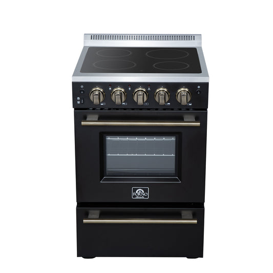 Forno Loiano 24 in. Freestanding Electric Range, 2.3 cu. ft., 4 Radiant Elements, Storage Drawer, Air Fryer Kit, Black with Antique Brass Accents (FFSEL6069-24BLK)
