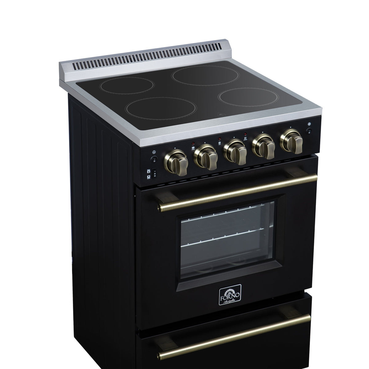 Forno Loiano 24 in. Freestanding Electric Range, 2.3 cu. ft., 4 Radiant Elements, Storage Drawer, Air Fryer Kit, Black with Antique Brass Accents (FFSEL6069-24BLK)