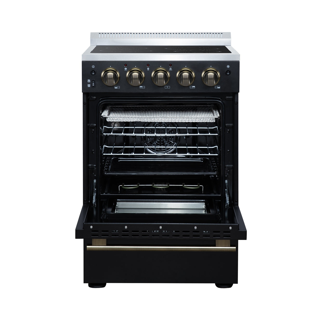 Forno Loiano 24 in. Freestanding Electric Range, 2.3 cu. ft., 4 Radiant Elements, Storage Drawer, Air Fryer Kit, Black with Antique Brass Accents (FFSEL6069-24BLK)