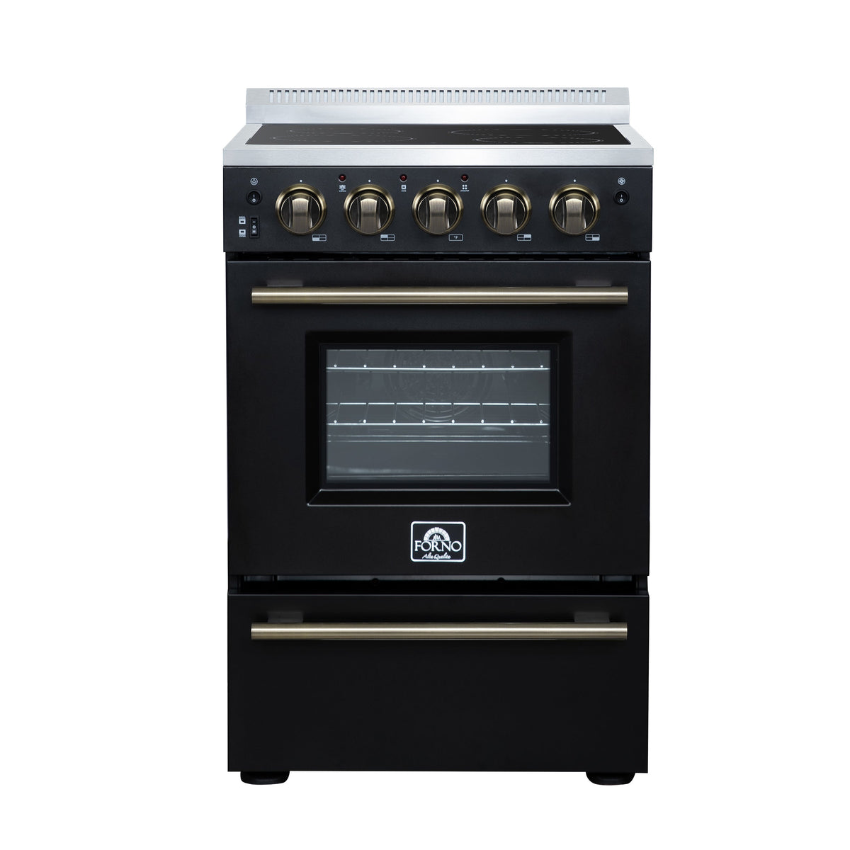 Forno Loiano 24 in. Freestanding Electric Range, 2.3 cu. ft., 4 Radiant Elements, Storage Drawer, Air Fryer Kit, Black with Antique Brass Accents (FFSEL6069-24BLK)