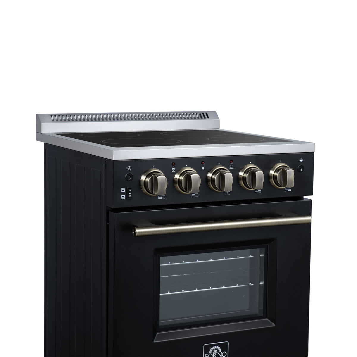 Forno Loiano 24 in. Freestanding Electric Range, 2.3 cu. ft., 4 Radiant Elements, Storage Drawer, Air Fryer Kit, Black with Antique Brass Accents (FFSEL6069-24BLK)