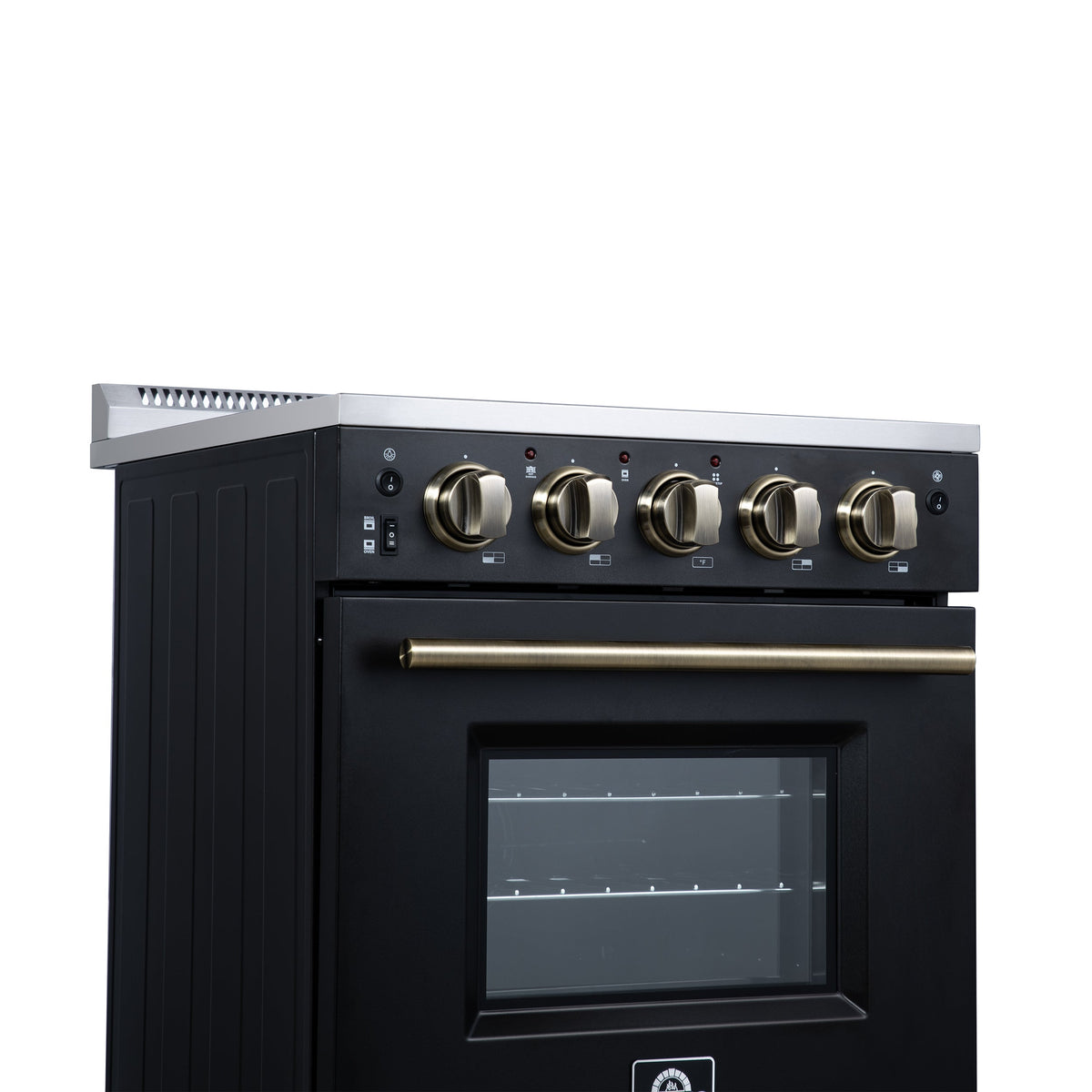 Forno Loiano 24 in. Freestanding Electric Range, 2.3 cu. ft., 4 Radiant Elements, Storage Drawer, Air Fryer Kit, Black with Antique Brass Accents (FFSEL6069-24BLK)