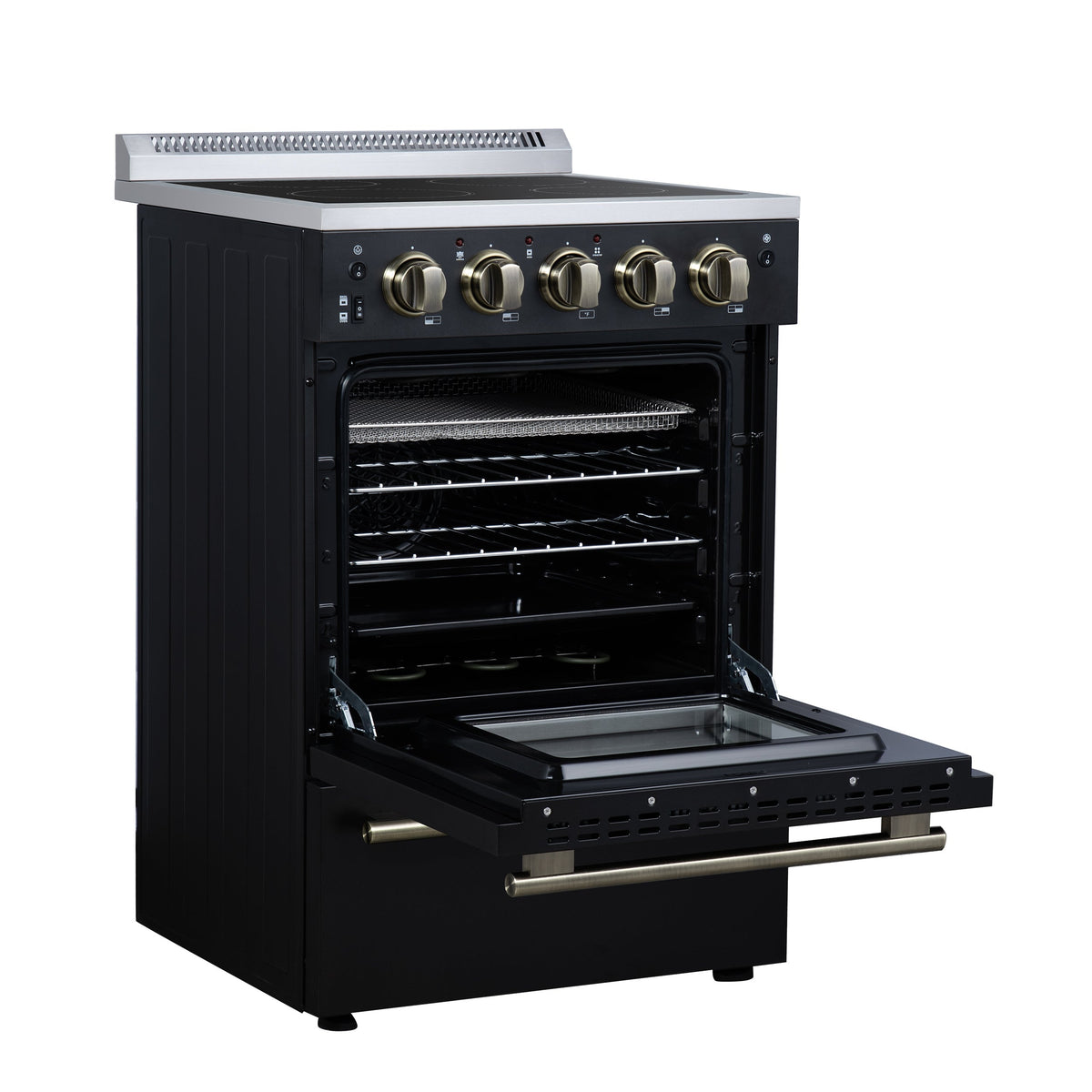 Forno Loiano 24 in. Freestanding Electric Range, 2.3 cu. ft., 4 Radiant Elements, Storage Drawer, Air Fryer Kit, Black with Antique Brass Accents (FFSEL6069-24BLK)