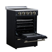 Forno Loiano 24 in. Freestanding Electric Range, 2.3 cu. ft., 4 Radiant Elements, Storage Drawer, Air Fryer Kit, Black with Antique Brass Accents (FFSEL6069-24BLK)