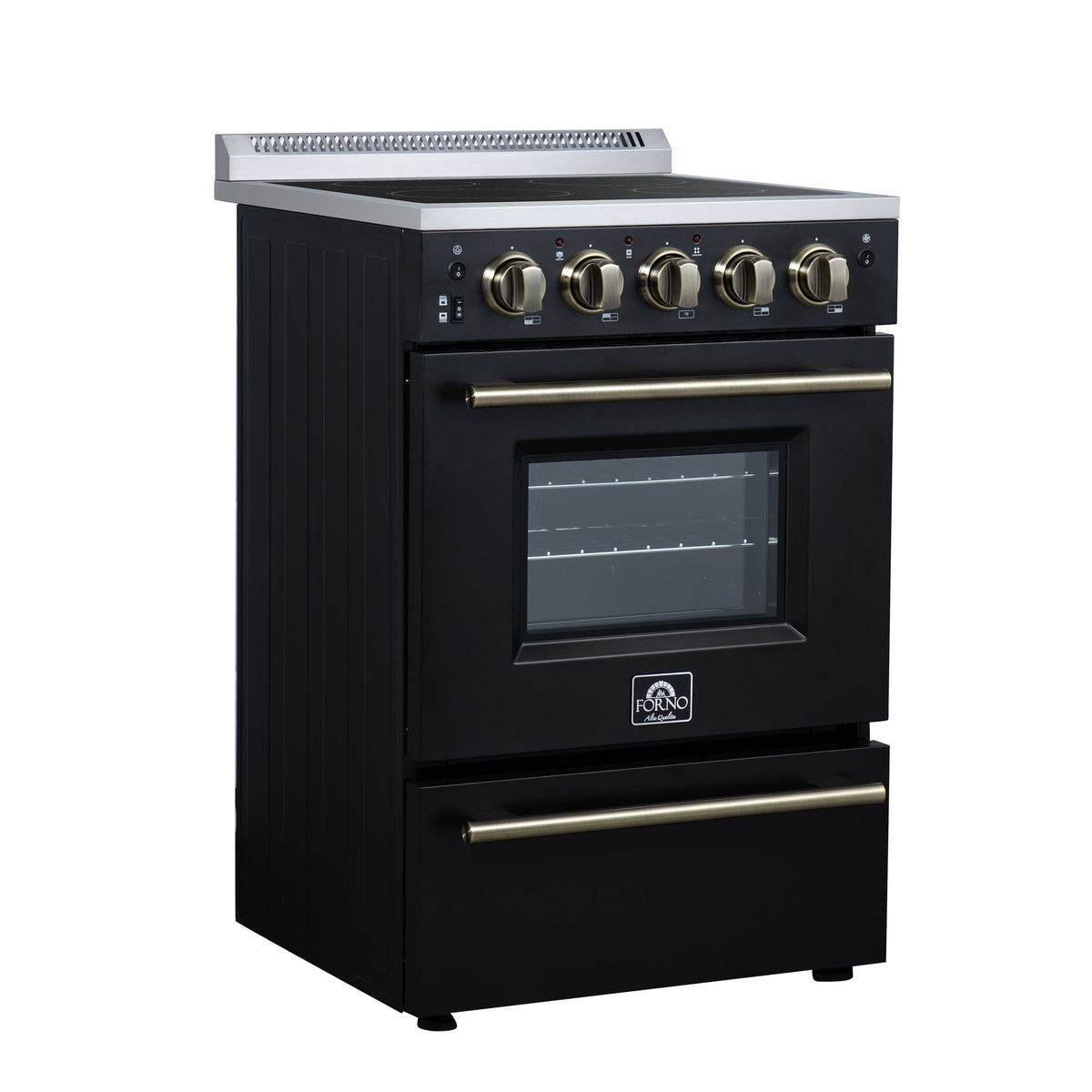 Forno Loiano 24 in. Freestanding Electric Range, 2.3 cu. ft., 4 Radiant Elements, Storage Drawer, Air Fryer Kit, Black with Antique Brass Accents (FFSEL6069-24BLK)