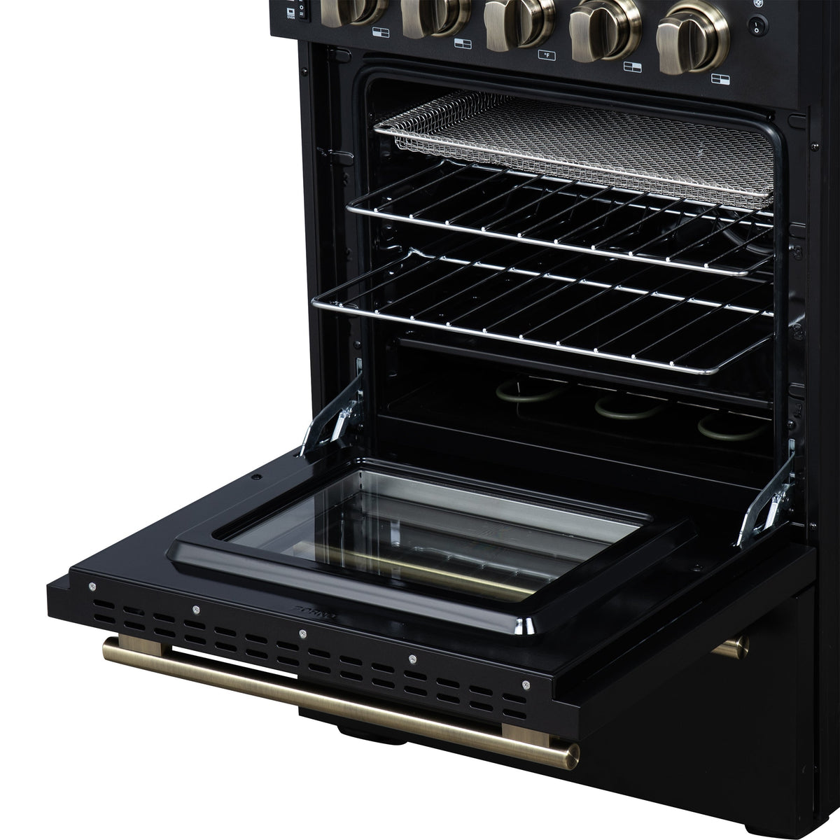 Forno Loiano 24 in. Freestanding Electric Range, 2.3 cu. ft., 4 Radiant Elements, Storage Drawer, Air Fryer Kit, Black with Antique Brass Accents (FFSEL6069-24BLK)