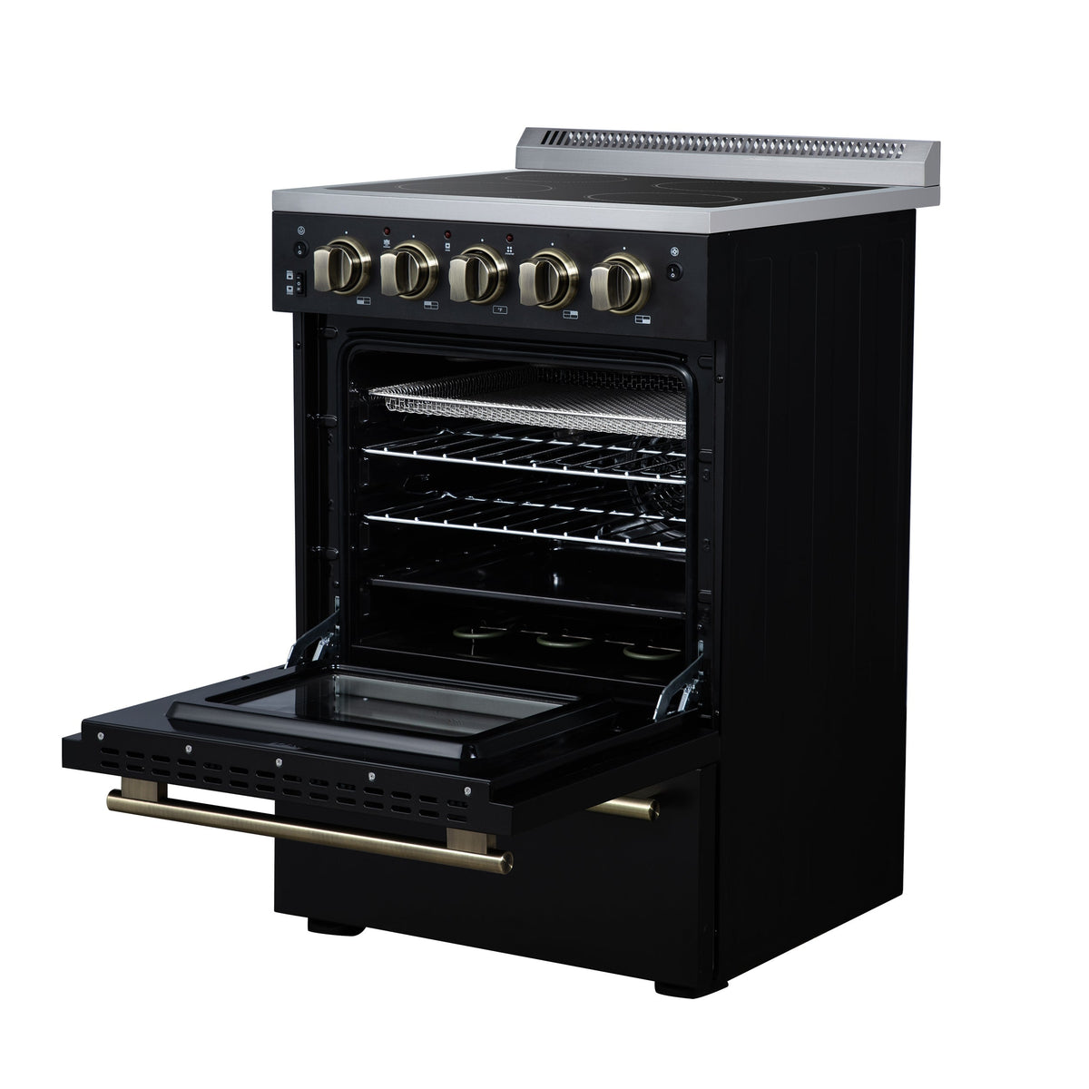 Forno Loiano 24 in. Freestanding Electric Range, 2.3 cu. ft., 4 Radiant Elements, Storage Drawer, Air Fryer Kit, Black with Antique Brass Accents (FFSEL6069-24BLK)