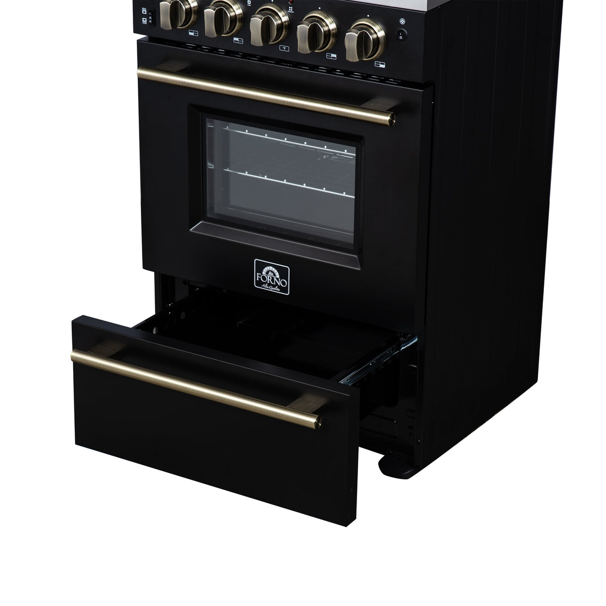 Forno Loiano 24 in. Freestanding Electric Range, 2.3 cu. ft., 4 Radiant Elements, Storage Drawer, Air Fryer Kit, Black with Antique Brass Accents (FFSEL6069-24BLK)