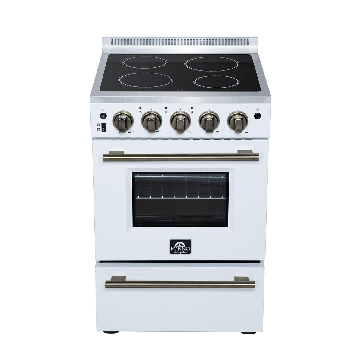 Forno Loiano 24-Inch Freestanding Electric Range, 2.3 cu. ft. Oven, 4 Radiant Elements, Storage Drawer, Air Fryer Kit, White with Antique Brass Accents (FFSEL6069-24WHT)