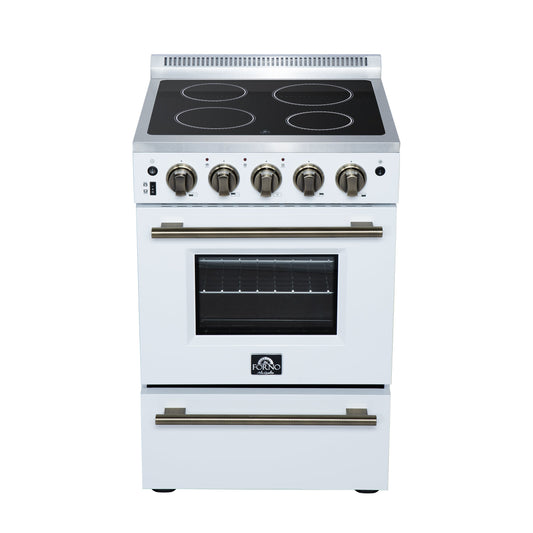 Forno Loiano 24-Inch Freestanding Electric Range, 2.3 cu. ft. Oven, 4 Radiant Elements, Storage Drawer, Air Fryer Kit, White with Antique Brass Accents (FFSEL6069-24WHT)