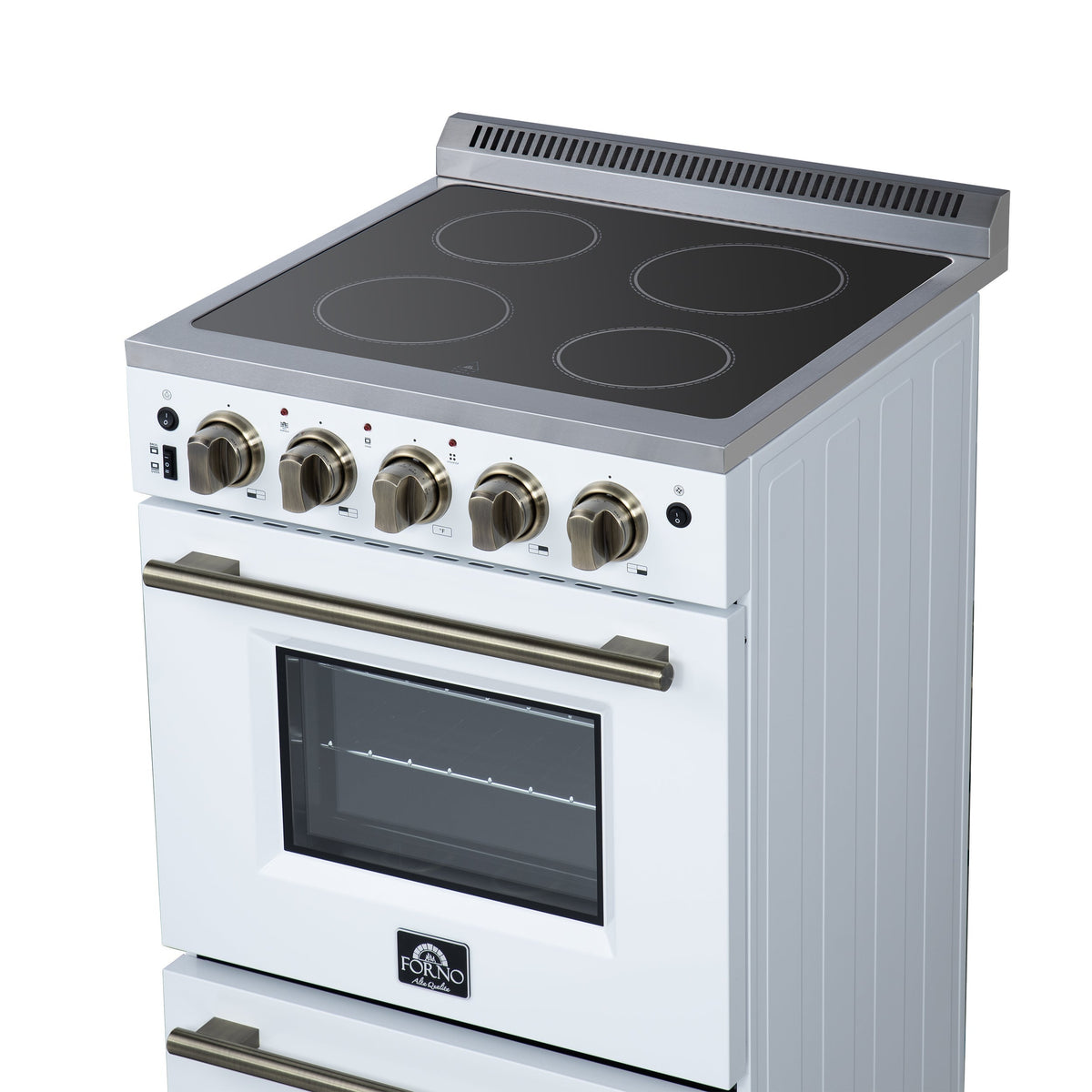 Forno Loiano 24-Inch Freestanding Electric Range, 2.3 cu. ft. Oven, 4 Radiant Elements, Storage Drawer, Air Fryer Kit, White with Antique Brass Accents (FFSEL6069-24WHT)