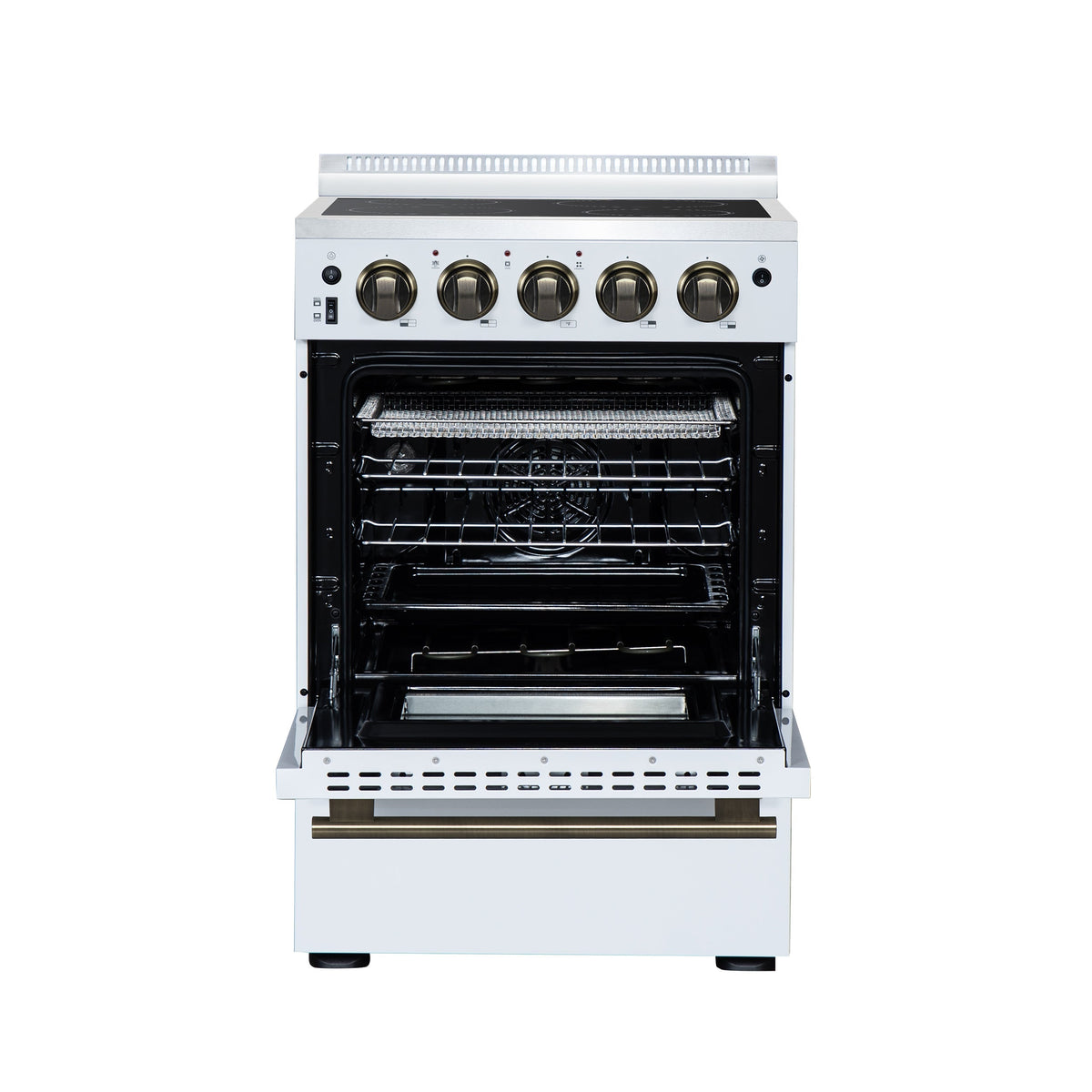 Forno Loiano 24-Inch Freestanding Electric Range, 2.3 cu. ft. Oven, 4 Radiant Elements, Storage Drawer, Air Fryer Kit, White with Antique Brass Accents (FFSEL6069-24WHT)