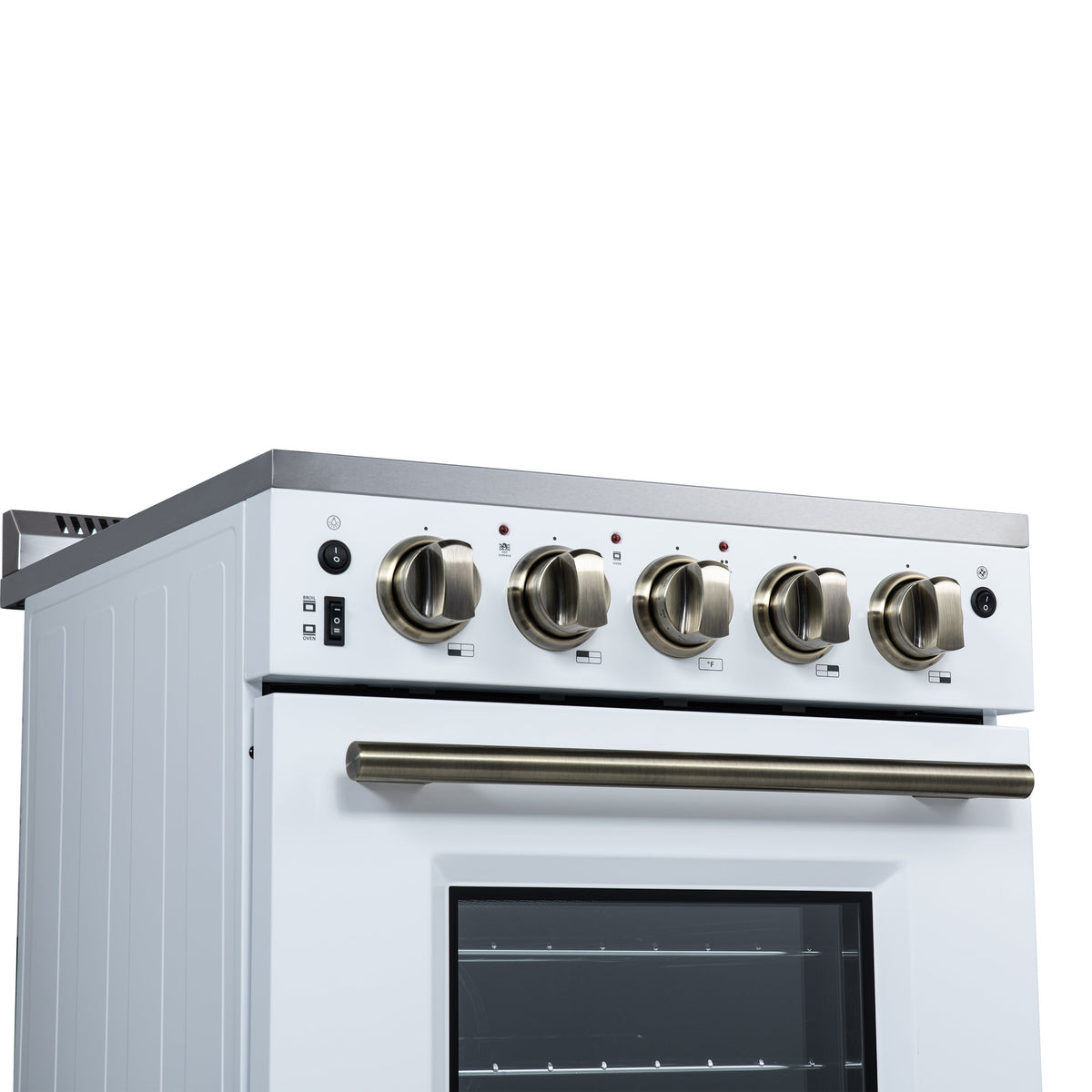 Forno Loiano 24-Inch Freestanding Electric Range, 2.3 cu. ft. Oven, 4 Radiant Elements, Storage Drawer, Air Fryer Kit, White with Antique Brass Accents (FFSEL6069-24WHT)