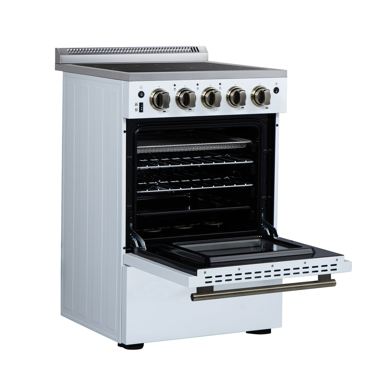 Forno Loiano 24-Inch Freestanding Electric Range, 2.3 cu. ft. Oven, 4 Radiant Elements, Storage Drawer, Air Fryer Kit, White with Antique Brass Accents (FFSEL6069-24WHT)