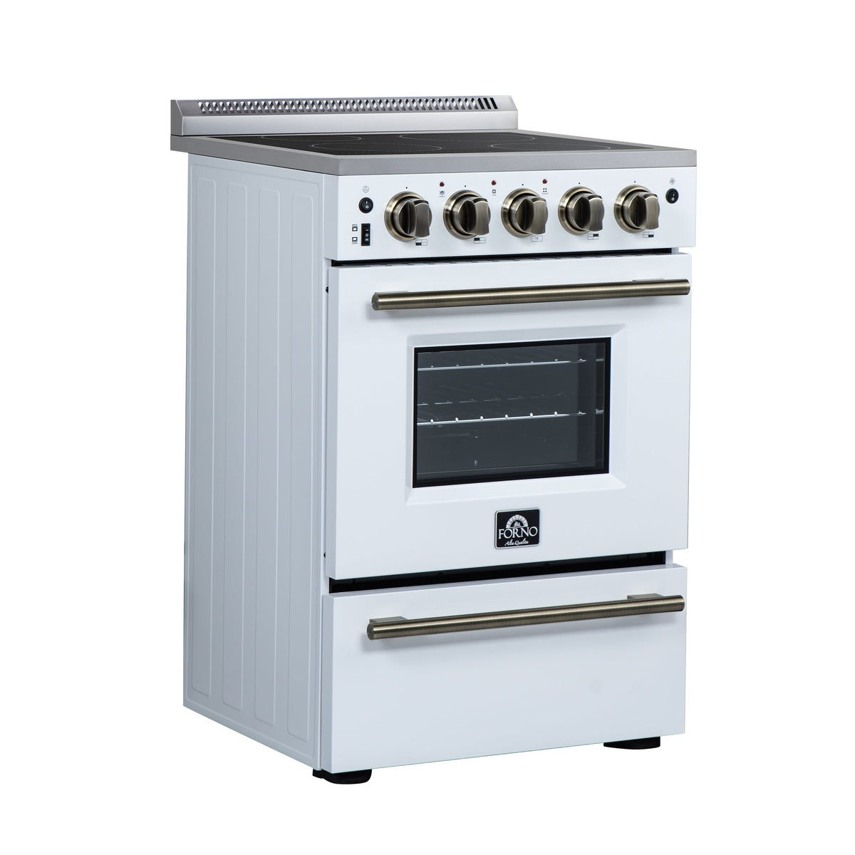 Forno Loiano 24-Inch Freestanding Electric Range, 2.3 cu. ft. Oven, 4 Radiant Elements, Storage Drawer, Air Fryer Kit, White with Antique Brass Accents (FFSEL6069-24WHT)