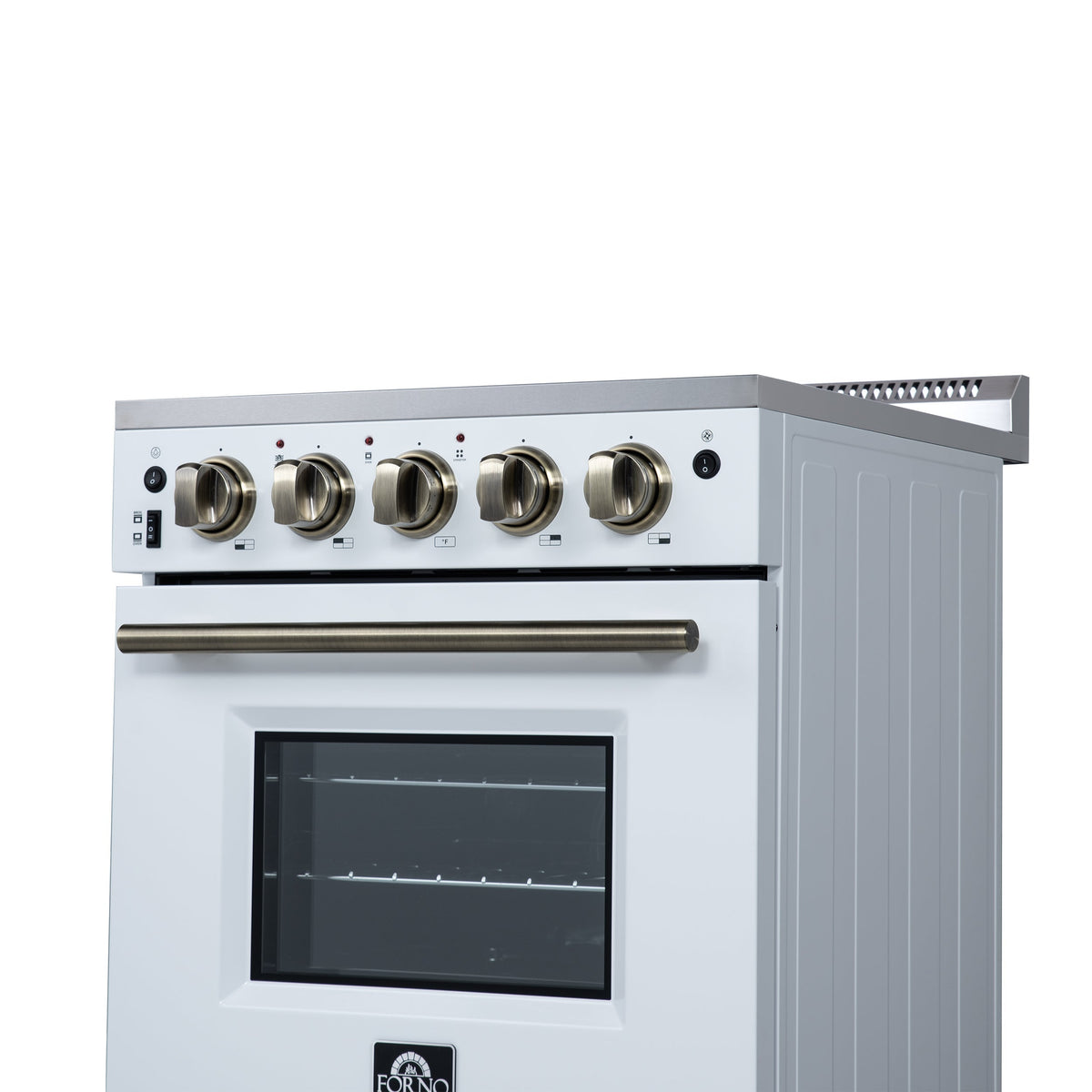 Forno Loiano 24-Inch Freestanding Electric Range, 2.3 cu. ft. Oven, 4 Radiant Elements, Storage Drawer, Air Fryer Kit, White with Antique Brass Accents (FFSEL6069-24WHT)
