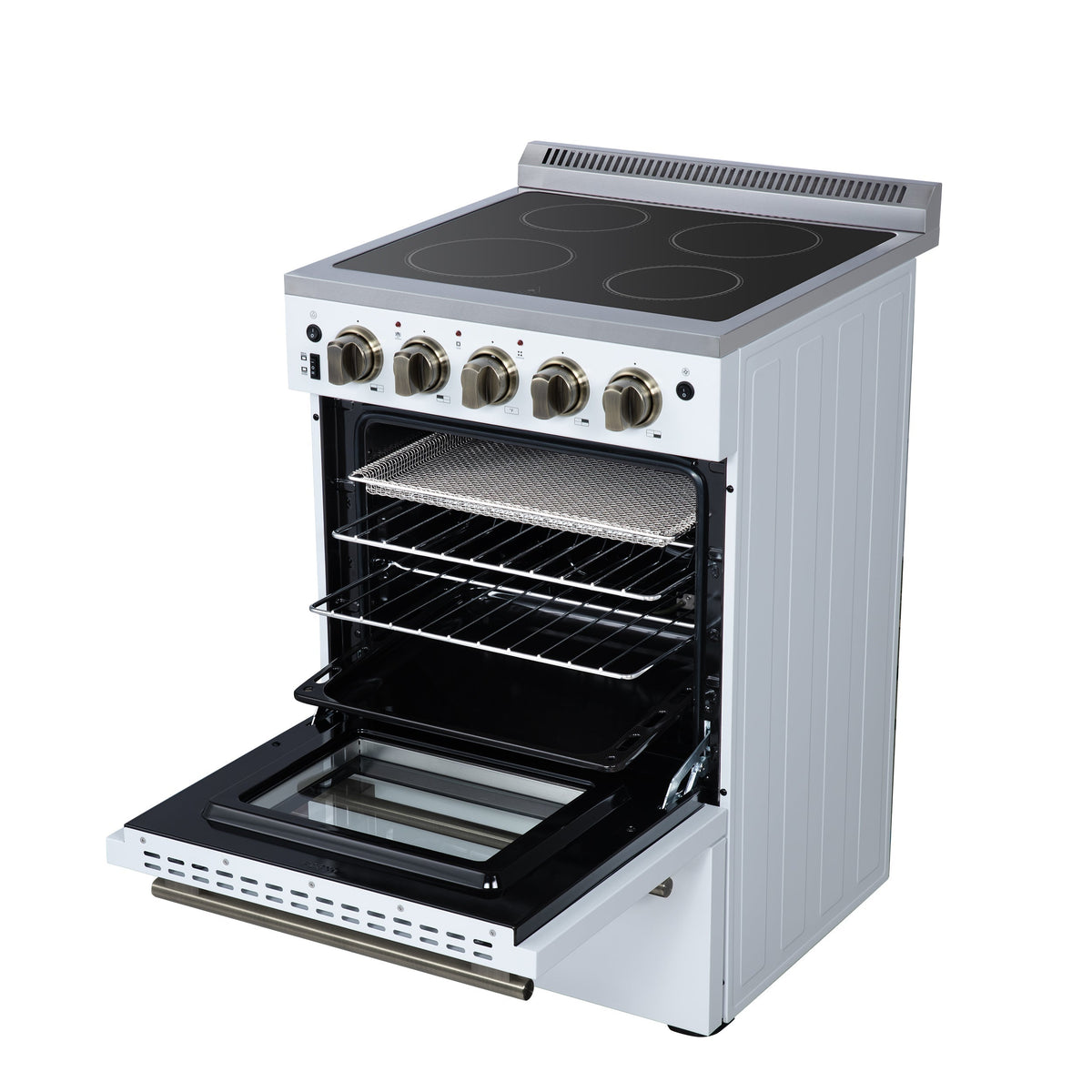 Forno Loiano 24-Inch Freestanding Electric Range, 2.3 cu. ft. Oven, 4 Radiant Elements, Storage Drawer, Air Fryer Kit, White with Antique Brass Accents (FFSEL6069-24WHT)