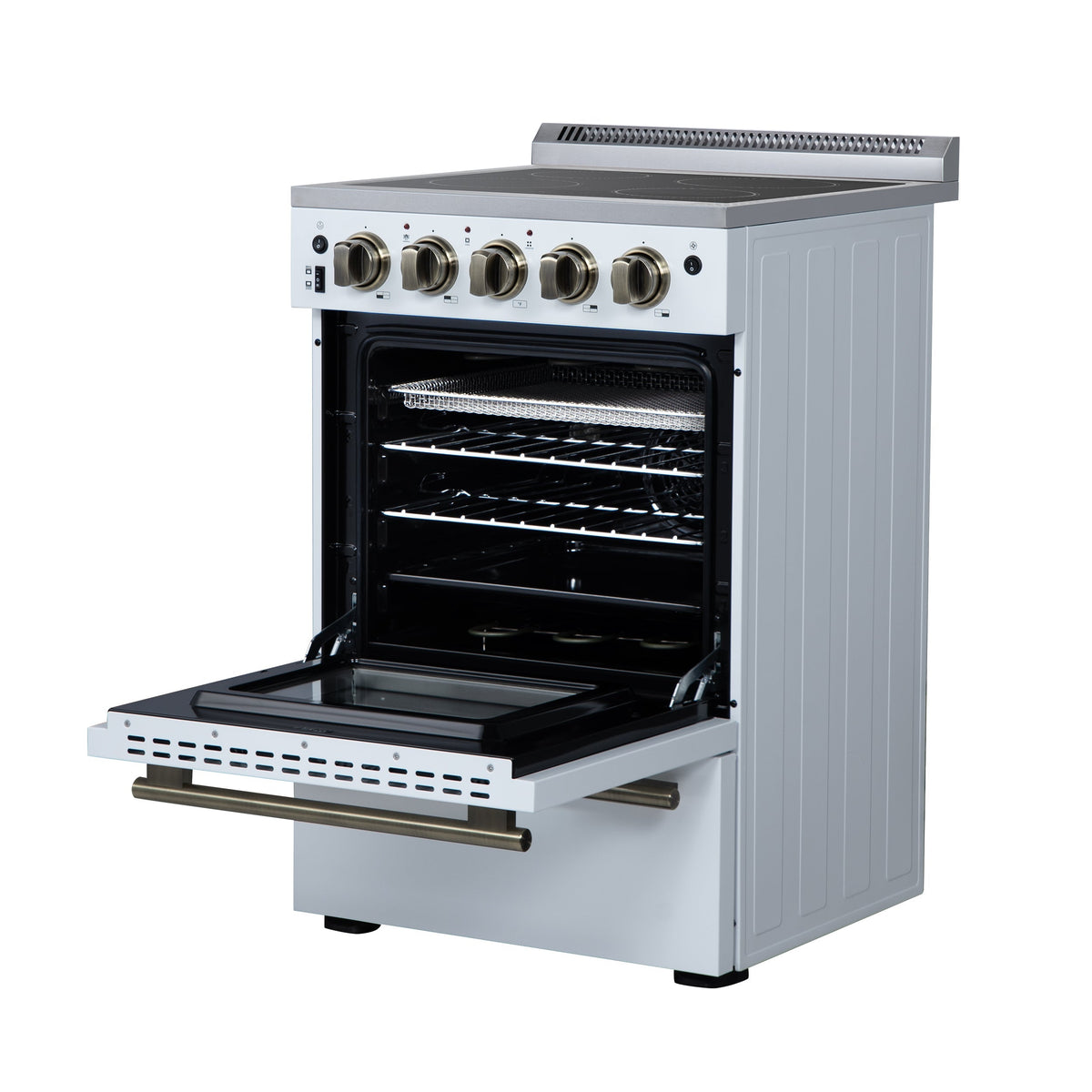 Forno Loiano 24-Inch Freestanding Electric Range, 2.3 cu. ft. Oven, 4 Radiant Elements, Storage Drawer, Air Fryer Kit, White with Antique Brass Accents (FFSEL6069-24WHT)
