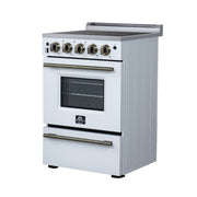 Forno Loiano 24-Inch Freestanding Electric Range, 2.3 cu. ft. Oven, 4 Radiant Elements, Storage Drawer, Air Fryer Kit, White with Antique Brass Accents (FFSEL6069-24WHT)