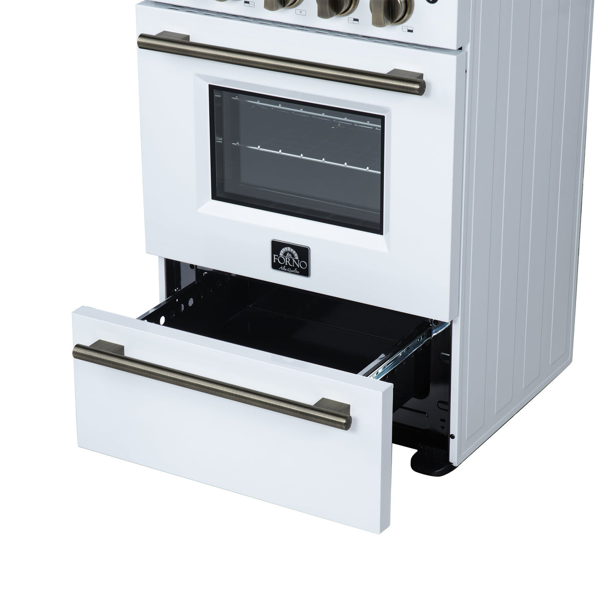 Forno Loiano 24-Inch Freestanding Electric Range, 2.3 cu. ft. Oven, 4 Radiant Elements, Storage Drawer, Air Fryer Kit, White with Antique Brass Accents (FFSEL6069-24WHT)