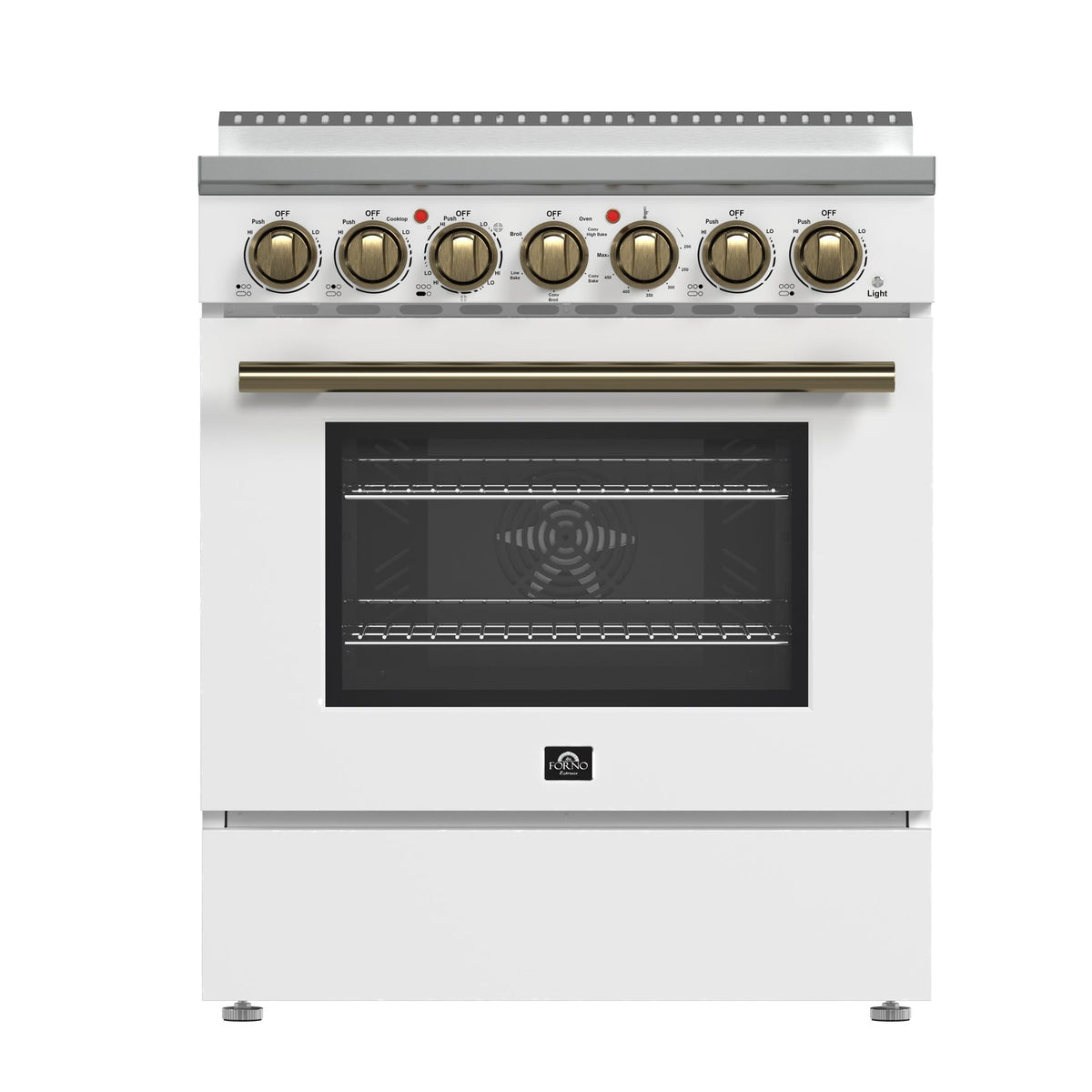 Forno Paolo 30-Inch Freestanding Electric Range, 4.38 cu. ft. Oven Capacity, White Finish with Antique Brass Handles, Model FFSEL6011-30WHT