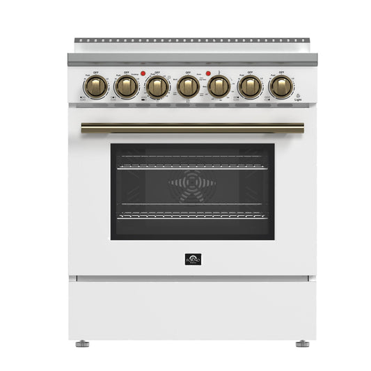 Forno Paolo 30-Inch Freestanding Electric Range, 4.38 cu. ft. Oven Capacity, White Finish with Antique Brass Handles, Model FFSEL6011-30WHT
