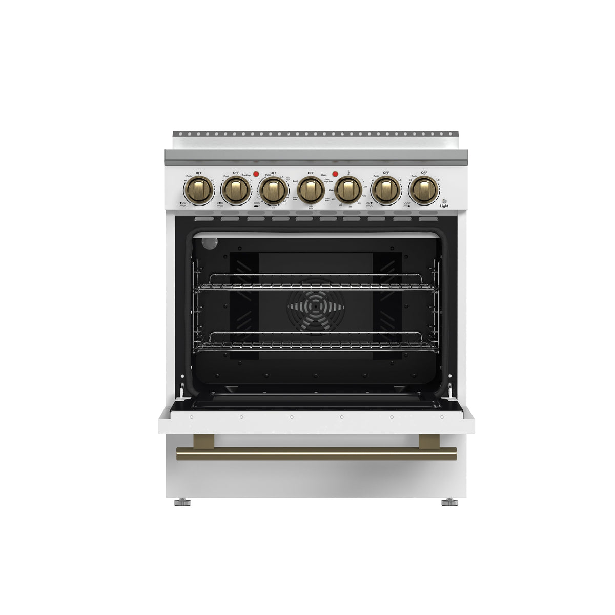 Forno Paolo 30-Inch Freestanding Electric Range, 4.38 cu. ft. Oven Capacity, White Finish with Antique Brass Handles, Model FFSEL6011-30WHT