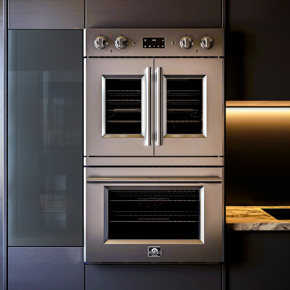 FORNO Gallico 30-Inch French Door Double Electric Wall Oven, 7.36 Cu. Ft., Air Fry, Self-Clean, Sous Vide, Telescopic Racks, Model FBOEL1388-30