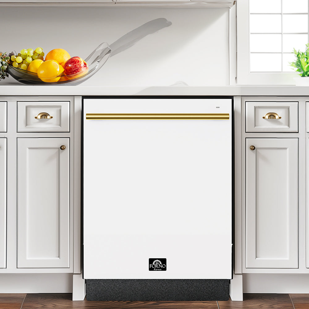 FORNO Espresso Romano 24-Inch Built-In Tall Tub Dishwasher, White, Antique Brass Handle, FDWBI8035-24WHT
