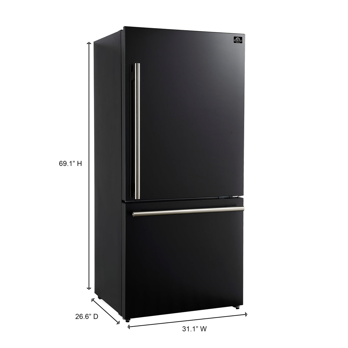Forno Milano 31 in. Bottom Freezer Refrigerator, 17.2 cu ft, Right-Hinged Door, Black with Stainless Steel Handles (Model FFFFD1785-31BLK)