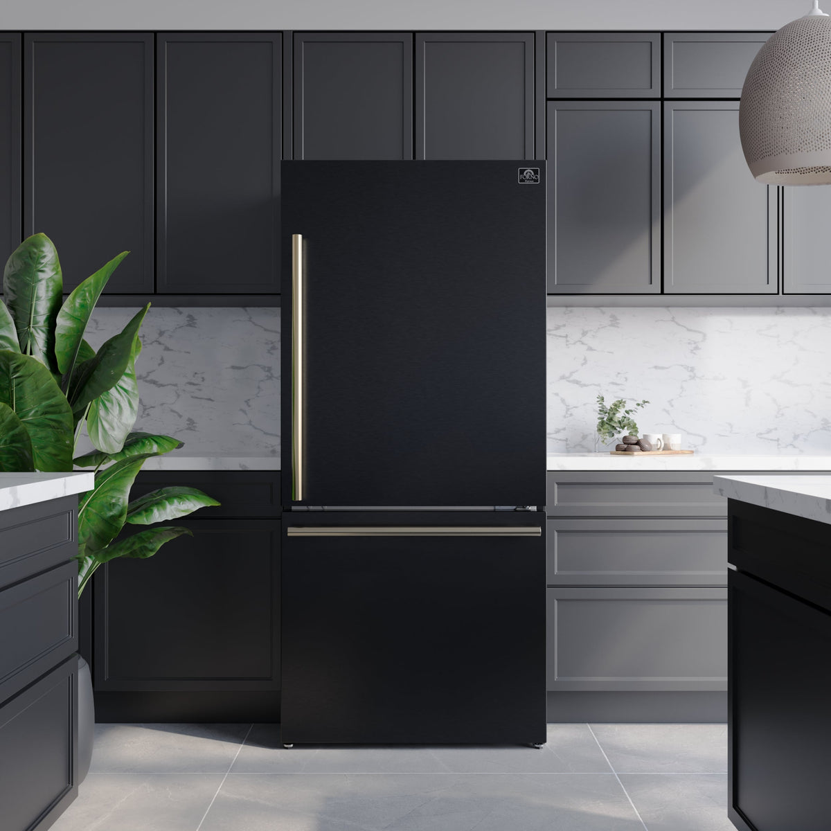 Forno Milano 31 in. Bottom Freezer Refrigerator, 17.2 cu ft, Right-Hinged Door, Black with Stainless Steel Handles (Model FFFFD1785-31BLK)
