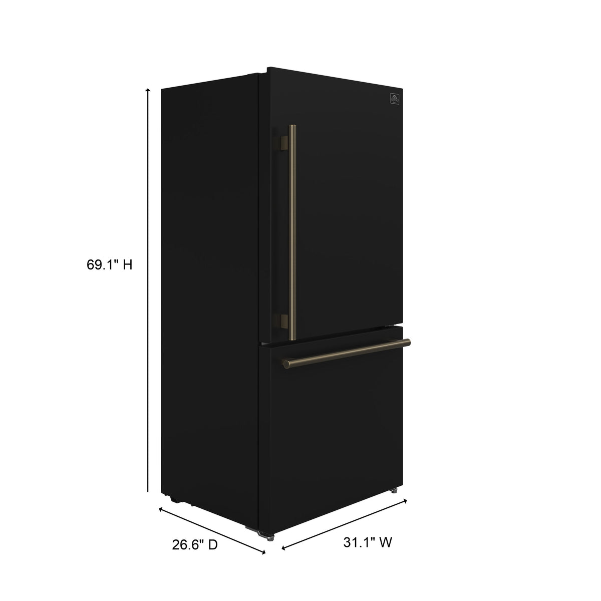 Forno Espresso Milano 31-Inch French Door Refrigerator with Bottom Freezer, 17.2 cu ft, Right-Hinged, Black with Antique Brass Handles (Model FFFFD1785-31BLK)