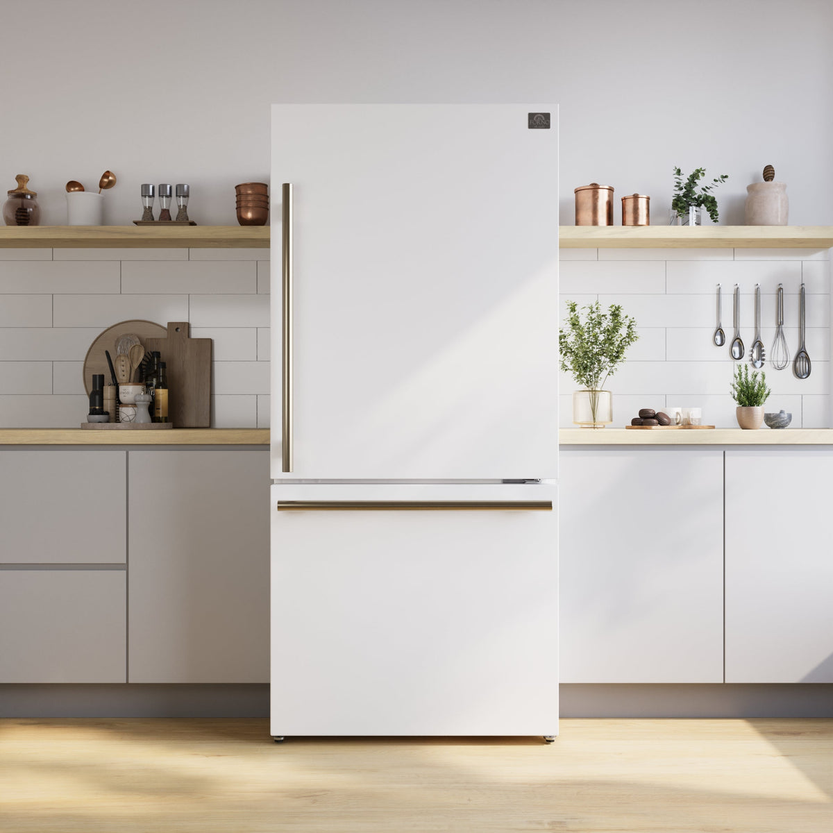 Forno Espresso Milano 31-Inch French Door Refrigerator with Bottom Freezer, 17.2 cu ft, Right-Hinged, White, Includes Antique Brass Handles (Model FFFFD1785-31WHT)