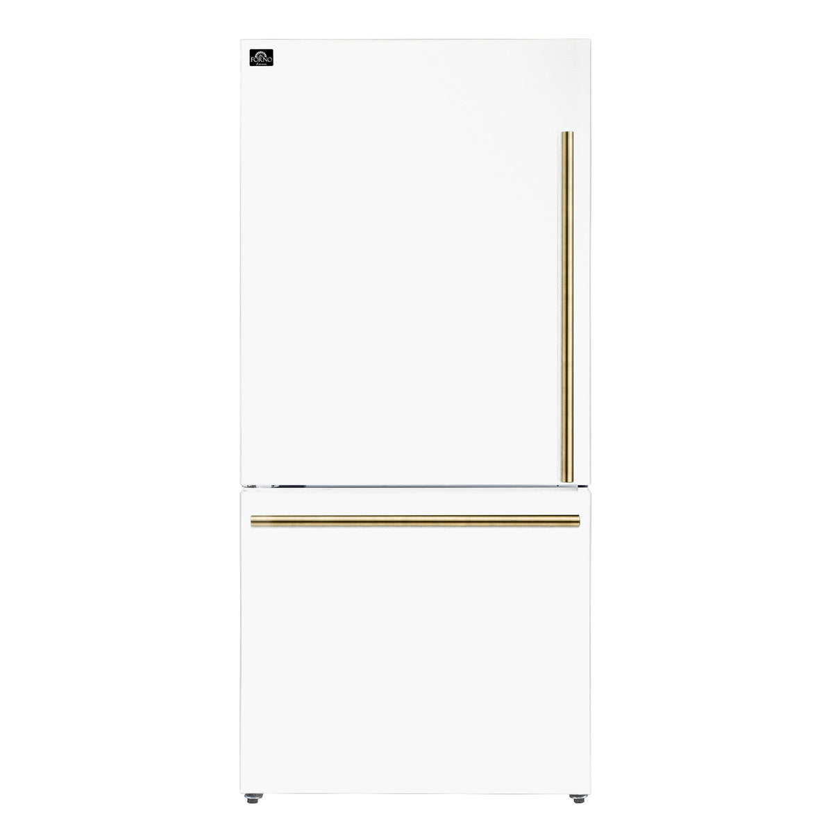 Forno Espresso Milano 31-Inch French Door Refrigerator with Bottom Freezer, 17.2 cu. ft., Left Swing, Ice Maker, White Finish with Antique Brass Handles (Model FFFFD1786-31WHT)