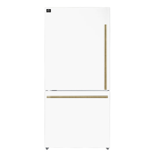 Forno Espresso Milano 31-Inch French Door Refrigerator with Bottom Freezer, 17.2 cu. ft., Left Swing, Ice Maker, White Finish with Antique Brass Handles (Model FFFFD1786-31WHT)