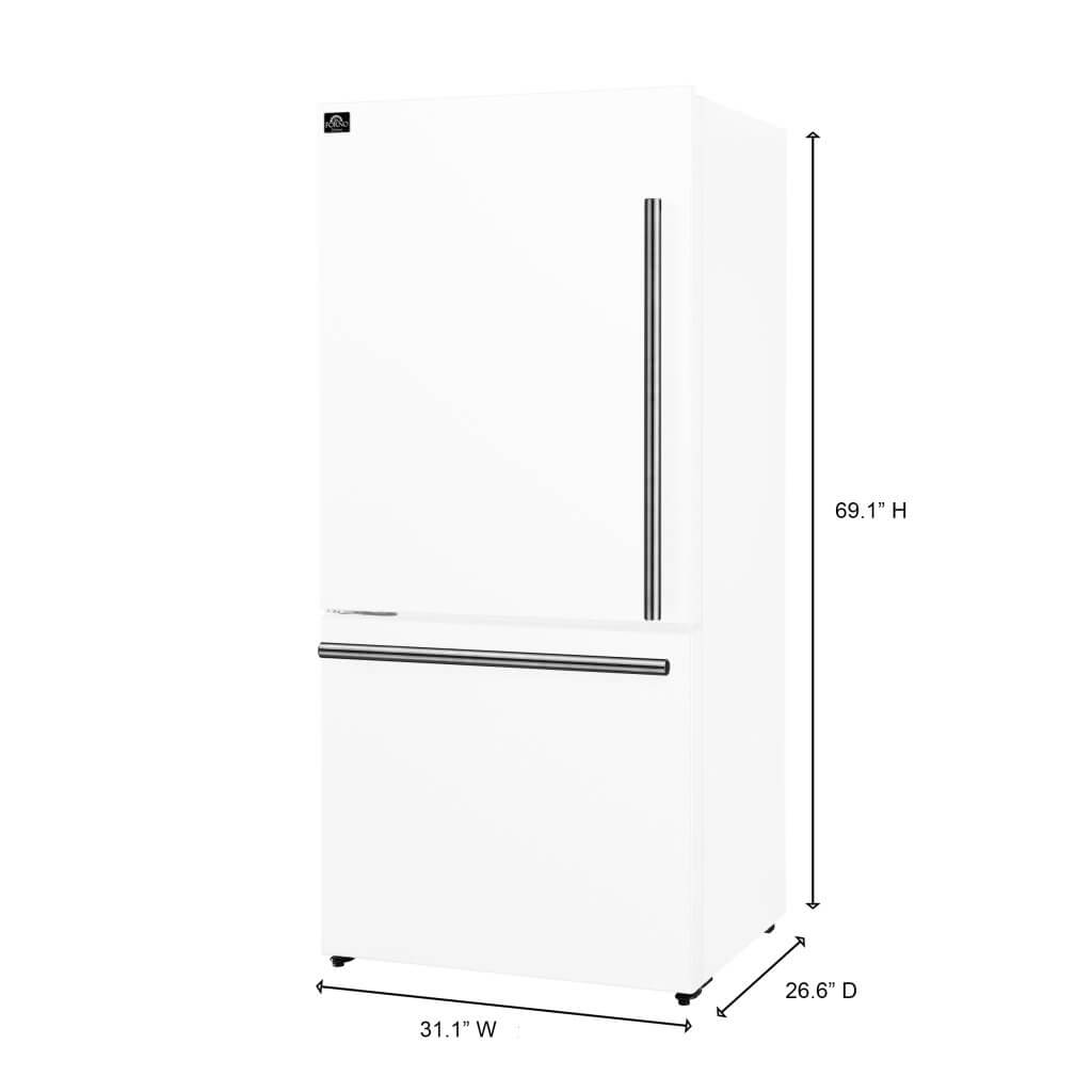 Forno Espresso Milano 31-Inch French Door Refrigerator with Bottom Freezer, 17.2 cu. ft., Left Swing, Ice Maker, White Finish with Antique Brass Handles (Model FFFFD1786-31WHT)