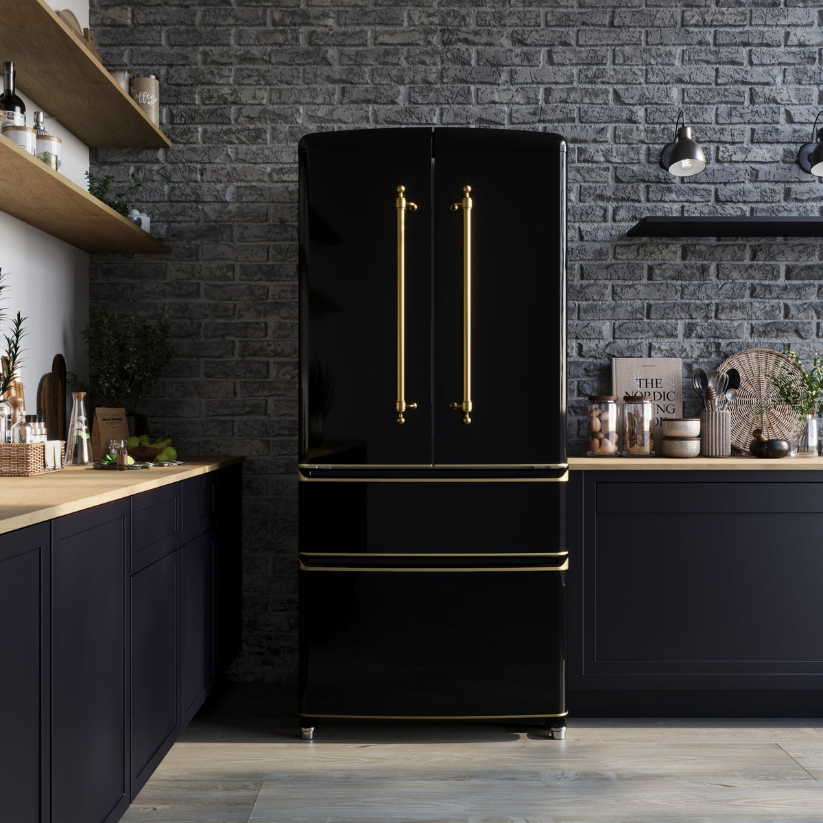 Forno Espresso Luigi 33-Inch French Door Refrigerator, 18 Cu. Ft., Black with Antique Brass Handles (Model FFFFD1791-33BLK)
