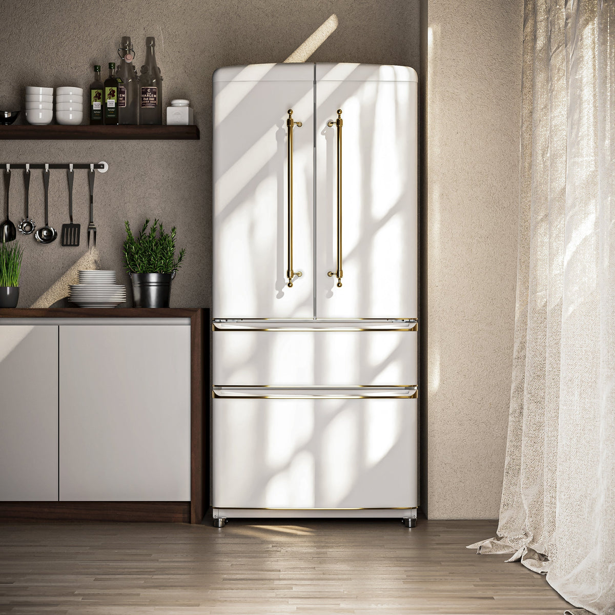 Forno Espresso Luigi 33-Inch French Door Refrigerator, 18 cu. ft., White, Antique Brass Handles, Model FFFFD1791-33WHT