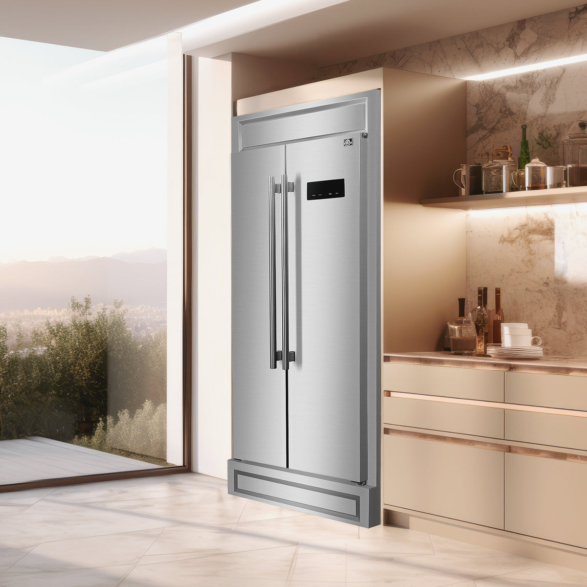 FORNO Salerno 37-Inch Built-In Side-by-Side Refrigerator, 15.6 cu ft, Stainless Steel, with Modern Trim Kit (FFRBI1805-37MG)