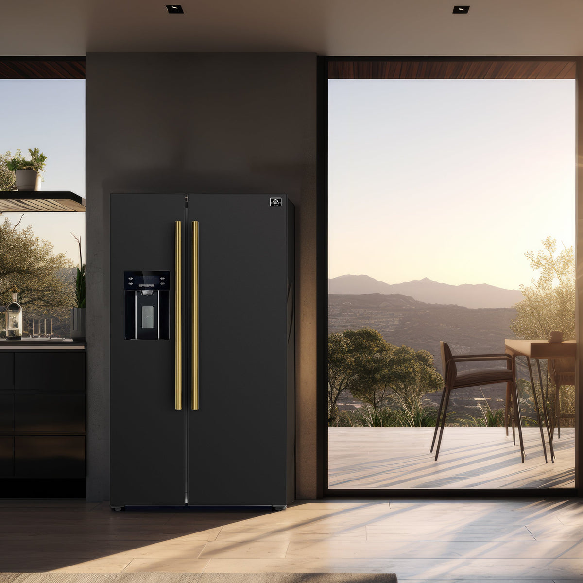 Forno Salerno 36-Inch Side-by-Side Refrigerator, 20 cu. ft., Black, Water & Ice Dispenser, Antique Brass Handles (FFRBI1844-36BLK)