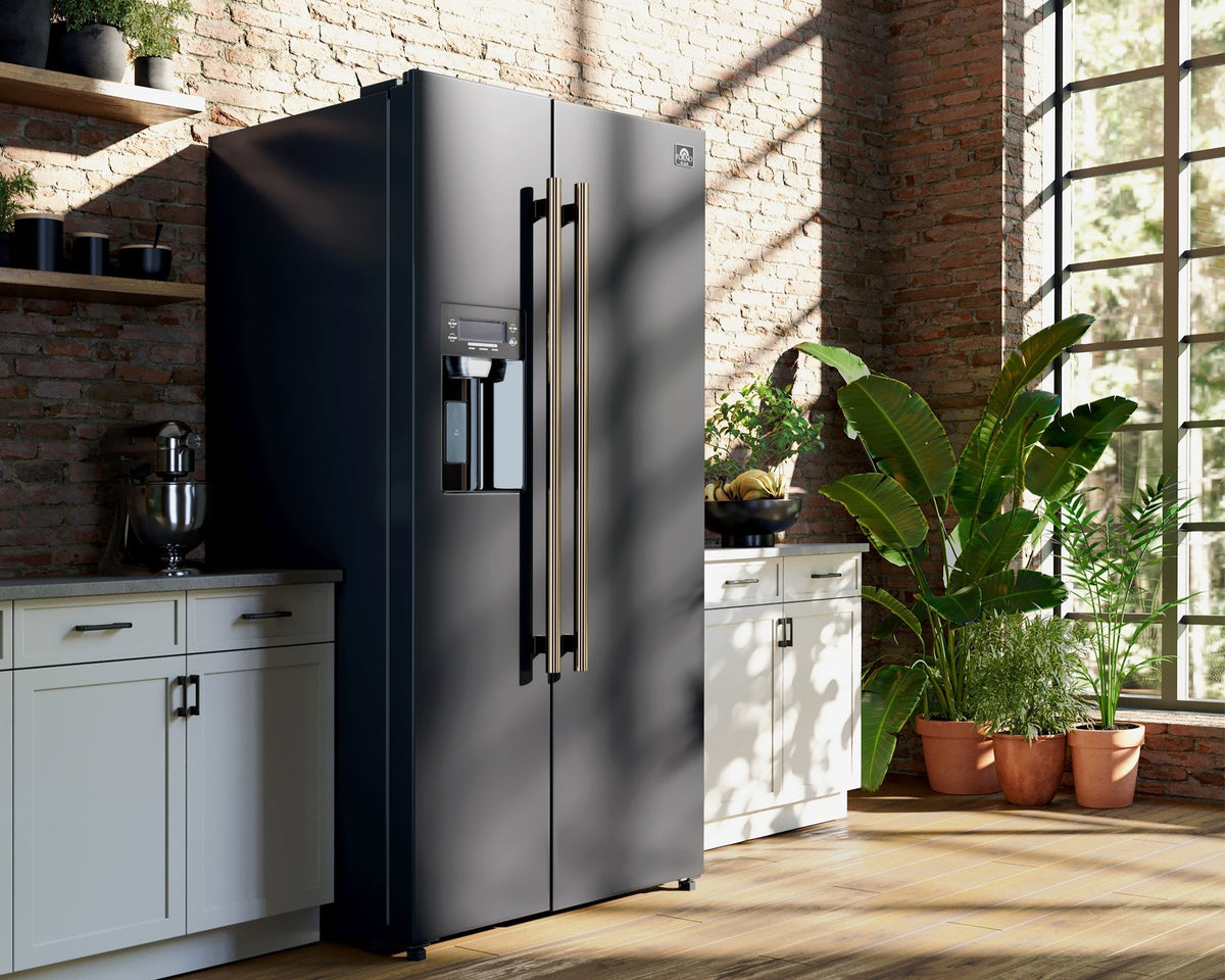 Forno Salerno 36-Inch Side-by-Side Refrigerator, 20 cu. ft., Black, Water & Ice Dispenser, Antique Brass Handles (FFRBI1844-36BLK)