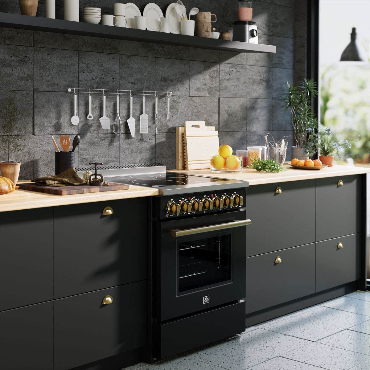 Forno Paolo 30-Inch Freestanding Electric Range, 4.38 cu. ft. Oven Capacity, Black with Antique Brass Handles (Model FFSEL6011-30BLK)