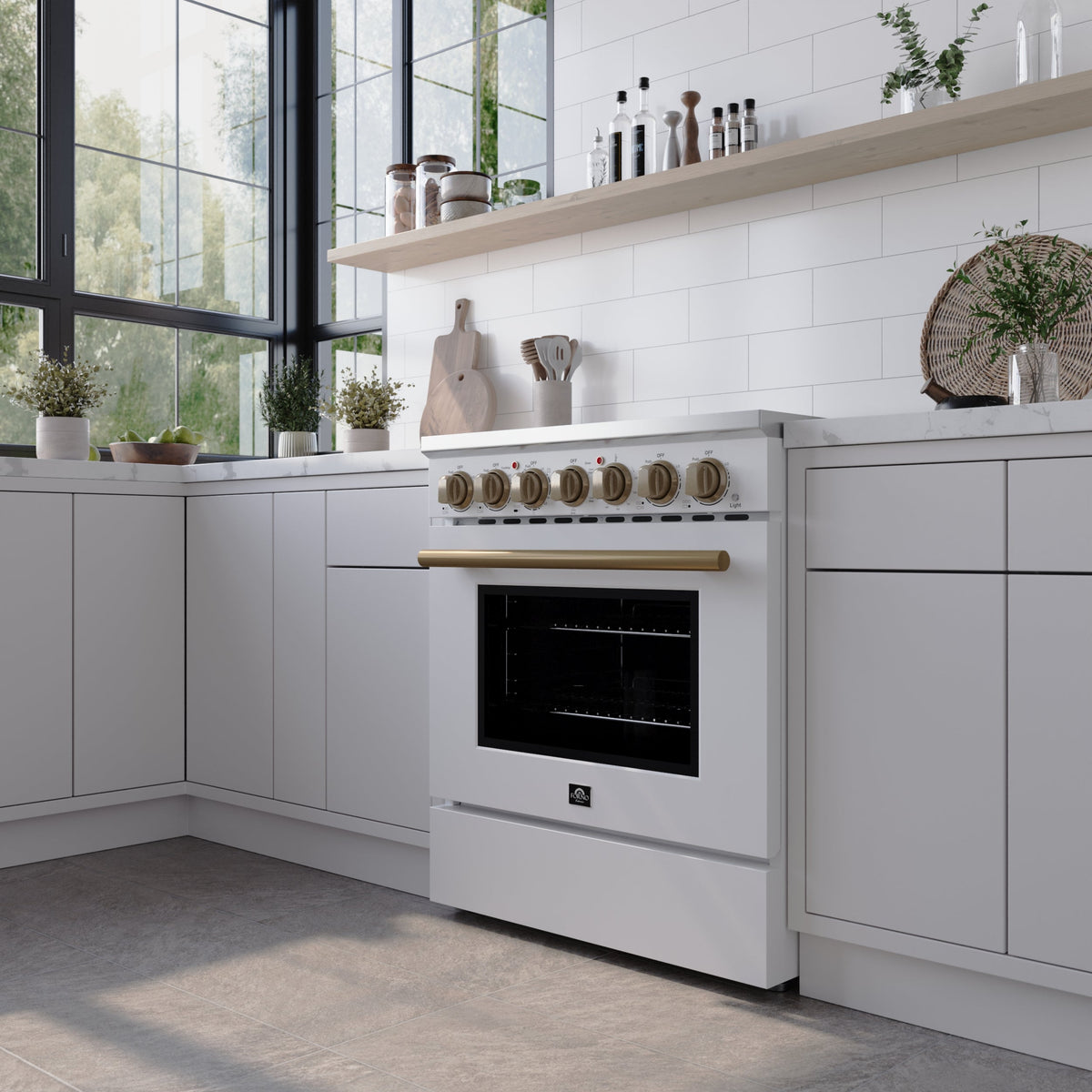 Forno Paolo 30-Inch Freestanding Electric Range, 4.38 cu. ft. Oven Capacity, White Finish with Antique Brass Handles, Model FFSEL6011-30WHT