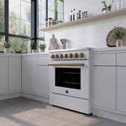 Forno Paolo 30-Inch Freestanding Electric Range, 4.38 cu. ft. Oven Capacity, White Finish with Antique Brass Handles, Model FFSEL6011-30WHT