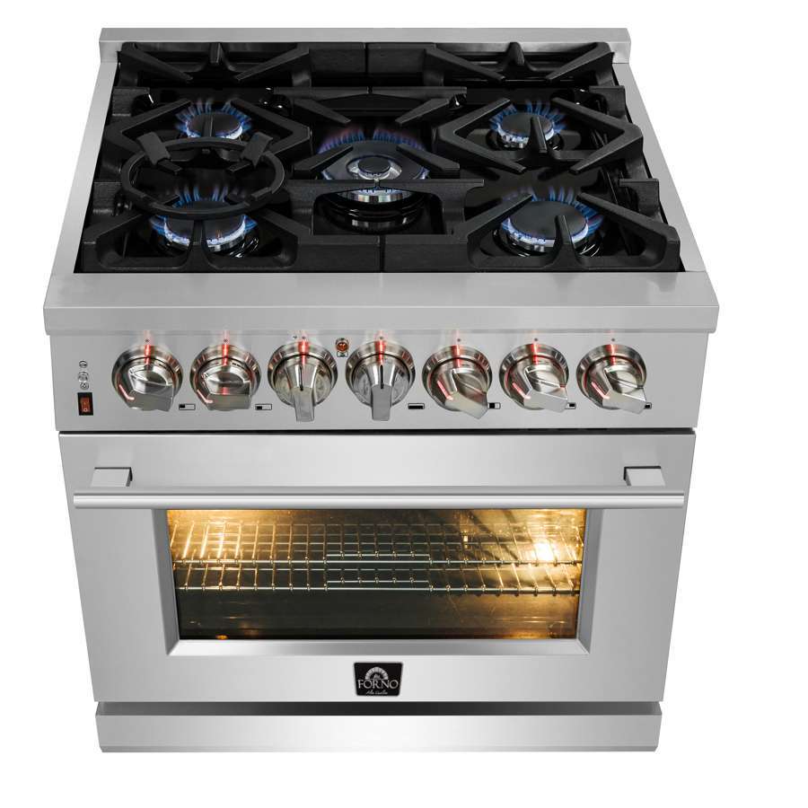 Forno Massimo 30 in. Freestanding Dual Fuel Range, 4.32 cu. ft. Oven, 5 Sealed Burners, White with Antique Brass Accents (Model FFSGS6125-30)