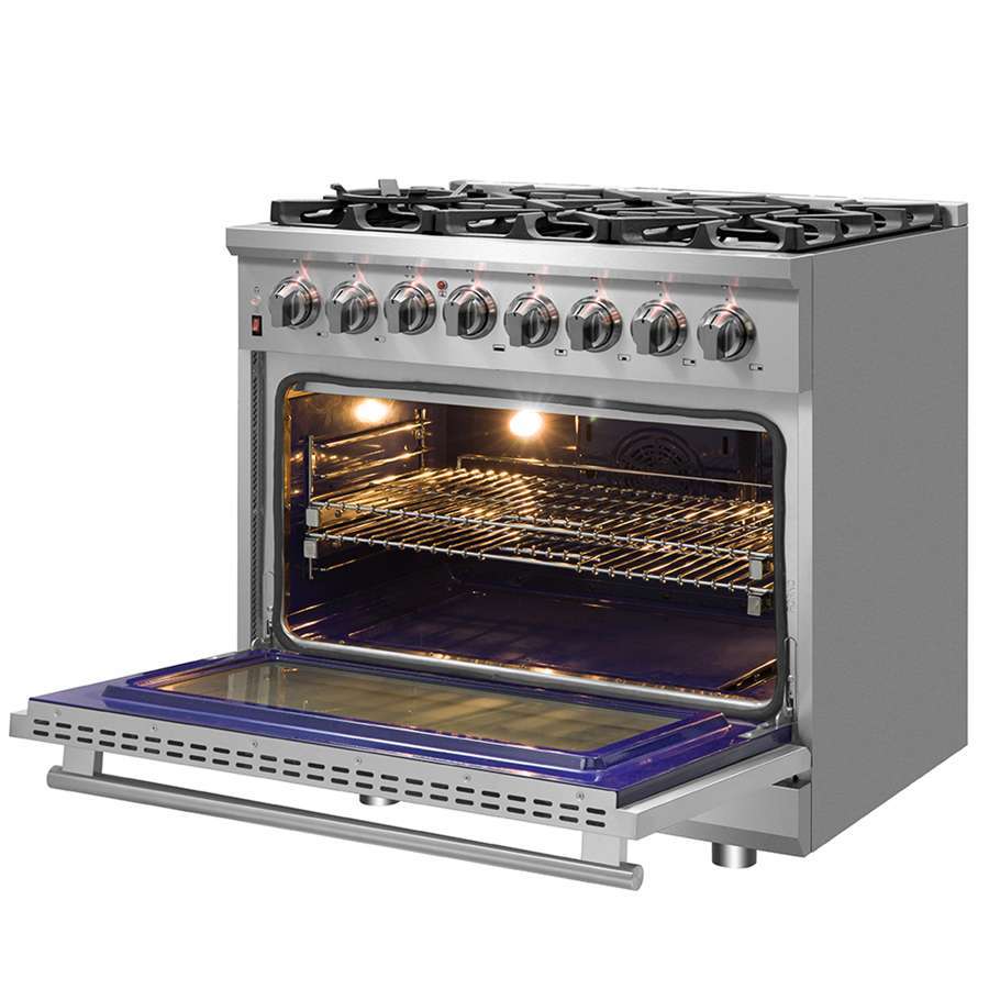 FORNO Massimo 36 in. Freestanding Dual Fuel Range with 6 Sealed Burners, 5.36 cu. ft. Electric Oven, Griddle, Wok Ring, and Air Fry Kit in Stainless Steel (Model FFSGS6125-36)
