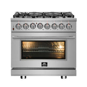 FORNO Massimo 36 in. Freestanding Dual Fuel Range with 6 Sealed Burners, 5.36 cu. ft. Electric Oven, Griddle, Wok Ring, and Air Fry Kit in Stainless Steel (Model FFSGS6125-36)